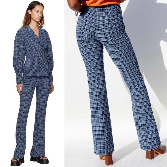 GANNI Plaid Check Stretch Seersucker High Rise Bootcut Flare Leg Pants 4 - Picture 6 of 10